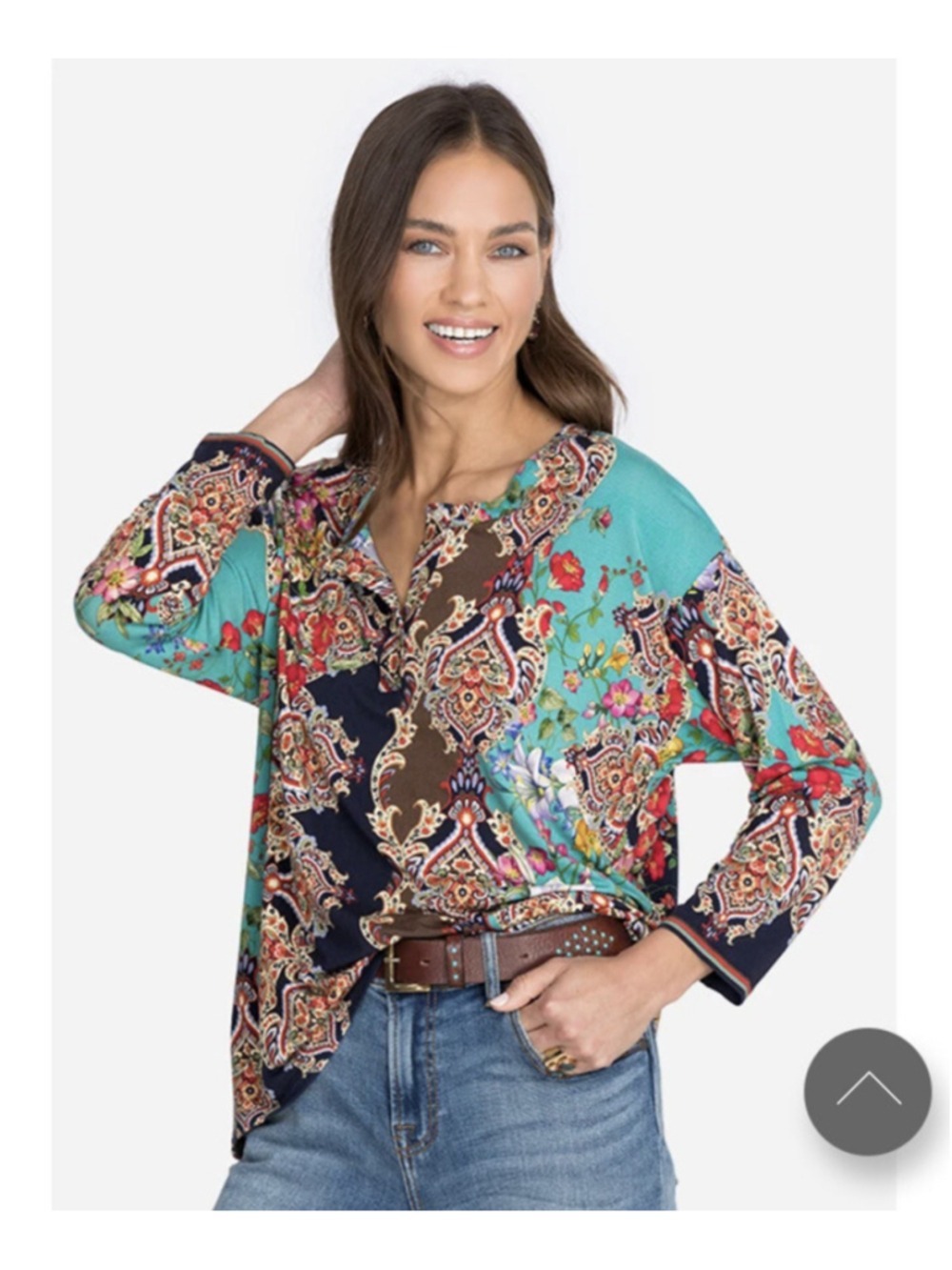Women's Johnny Was Silk Blouse Size M Blue Black Floral Paisley
